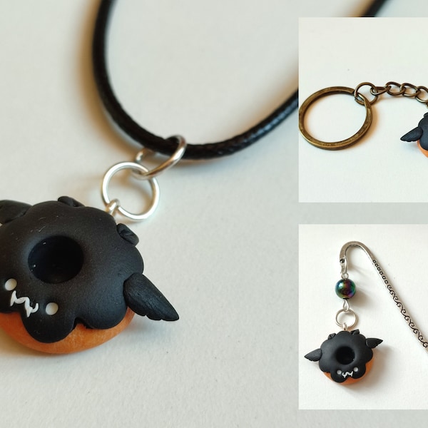 Pendentif thème Halloween, collier donut décoré en chauve-souris - porte-clés ou marque-page
