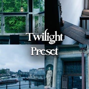 Puede incluir: Un collage de cuatro imágenes que muestran un "Preset Crepúsculo" para la edición de fotos. La imagen superior izquierda muestra una ventana con árboles verdes afuera. La imagen superior derecha muestra una mesa de madera con un objeto decorativo. La imagen inferior izquierda muestra un cielo nublado sobre un canal con barcos. La imagen inferior derecha muestra un edificio con una estatua y una puerta.