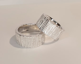 Partnerringe, Eheringe, Bandring mit Holzstruktur, Massiver Silberring aus 925 Sterling Silber Herren und Damen Ring