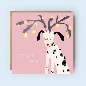 Weihnachtskarte | Hund Karte | Christliche Karte | Schrift Karte | Vers-Karte | Lichterkette Weihnachtskarte | Rentier