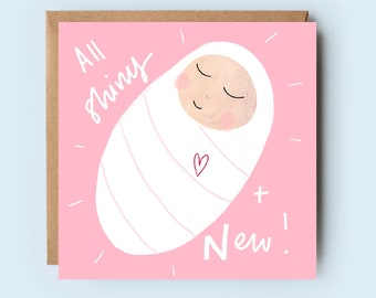 Brillant et neuf | Nouveau bébé | Petite fille | Nouveaux parents | Yay, carte de vœux | pour elle | Enfants | carte rose | Félicitations