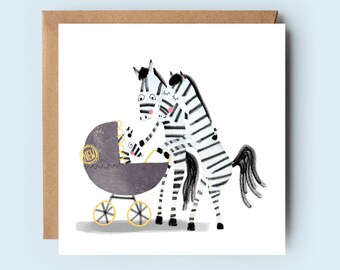 New Baby Card | Baby | New Parents | Pram Card | Yay Card | For Him | For Her | Children | Animal Card | Zebra | Yellow | Unisex