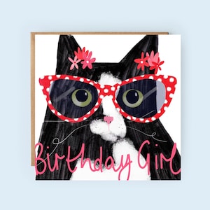 Fille d'anniversaire | Chat noir et blanc | carte d'anniversaire | Chat d'anniversaire | Chat à lunettes | Joyeux anniversaire | pour elle | Enfants