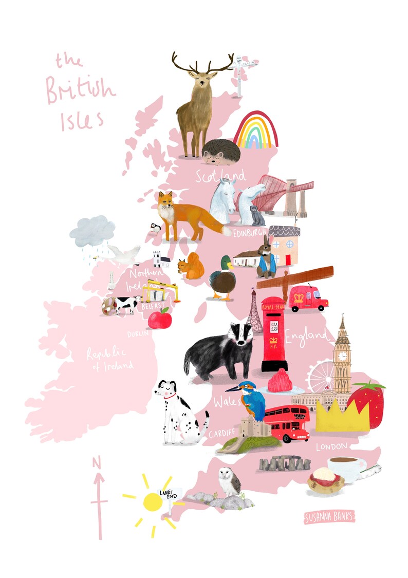 British Isles Map | British Wildlife | Tourist Map | UK | Illustrated