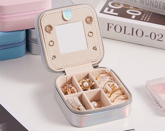 Mini joyero de doble capa con espejo incorporado / Joyero de viaje / Estuche de almacenamiento para accesorios de collares y aretes / Regalo para niñas y mujeres