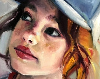 Beautiful Girl Oil Painting "Blue Cap" - Hand Painted Portrait