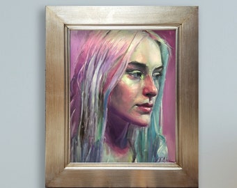 Bella donna dipinto ad olio "Rainbow Girl" - Ritratto dipinto a mano