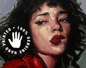 May include: A painting of a woman with short, dark curly hair wearing a red leather jacket. The woman has a neutral expression and is looking to the right. The painting has a textured, brushstroke style.