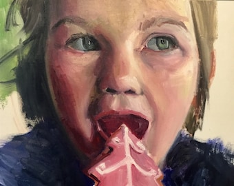 Bella ragazza dipinto ad olio "Pink Christmas" - Ritratto dipinto a mano