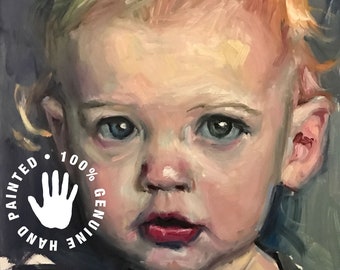 May include: A close-up portrait painting of a young child with light blonde hair and blue eyes. The child is wearing a dark shirt and has a serious expression on their face.