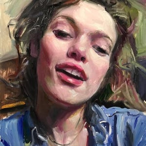 May include: A close-up portrait painting of a person with brown hair, wearing a blue shirt. The person is looking directly at the viewer with a smile. The painting is done in a loose, expressive style with visible brushstrokes.