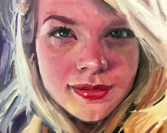 Beautiful Woman Oil Painting "Blonde and Pink" - Hand Painted Portrait, Oil on Panel