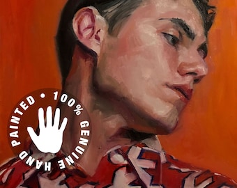 May include: A painting of a person with short dark hair wearing a red and white patterned shirt against an orange background. The painting is labeled "Hand Painted 100% Genuine".