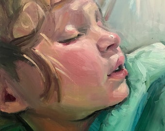 Bellissimo bambino dipinto ad olio "Sleeping" - Ritratto dipinto a mano