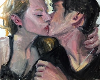 Dipinto ad olio originale di una coppia che bacia Portrait Study - Olio su tavola