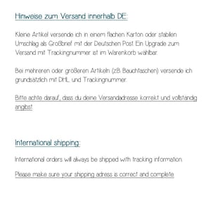 May include: Text in German and English explaining shipping information for small and large items.  Small items are shipped via Deutsche Post with an option to upgrade to tracking.  Larger items are shipped via DHL with tracking.  International orders are shipped with tracking.