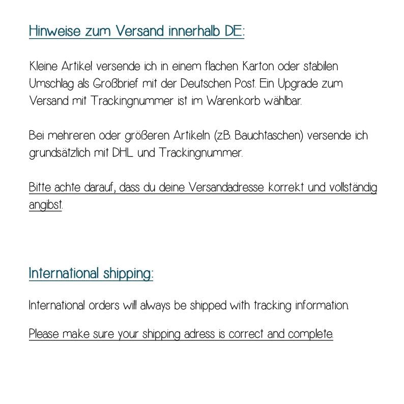 May include: Text in German and English explaining shipping information for small and large items.  Small items are shipped via Deutsche Post with an option to upgrade to tracking.  Larger items are shipped via DHL with tracking.  International orders are shipped with tracking.