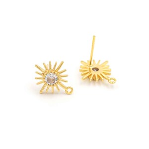 Stud earrings with cubic zirconia gemstone in the shape of a sun, 18k gold plated, 2 pieces image 2