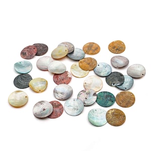 Può includere: Una collezione di dischi circolari in conchiglia di vari colori, tra cui bianco iridescente, grigio antracite, marrone terroso, rosso spento e verde acqua. Ogni disco presenta una superficie liscia e lucida con riflessi madreperlacei e un foro.