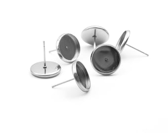 Oorbellen van roestvrij staal in platinakleur, met cabochons van 10 mm, 6 stuks.
