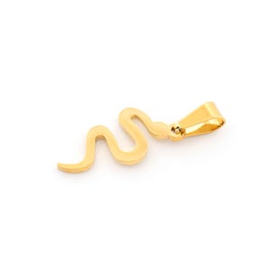 Pode incluir: Um pingente de cobra em tom dourado com acabamento liso e polido. O pingente tem a forma de uma cobra com uma cauda enrolada e um laço na parte superior para prender a uma corrente ou pulseira.