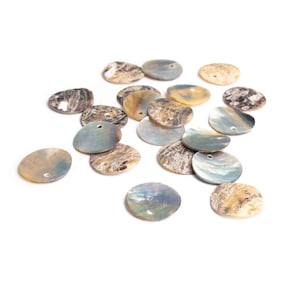 Może przedstawiać: Zbiór okrągłych, opalizujących guzików z perłowej muszli w odcieniach brązu, szarości i bieli.