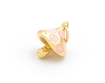 Mushroom pendant made of brass 12 mm with 18K gold plating and pink enamel dots Vintageparts DIY