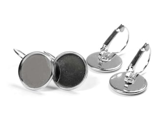 6 pcs Leverback Earring Settings for 14 mm Cabochons, 304 Stainless Steel Blanks, DIY Jewelry Making Silver Tone