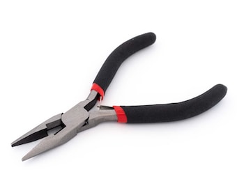 May include: Black and red pliers with a long, thin, pointed nose. The pliers have a black rubber grip.