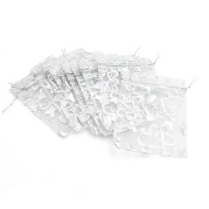 0,32 EUR/pezzo Sacchetti in organza bianchi con cuori argentati 10 x 12 cm 10 pezzi da Vintageparts per regali di gioielli