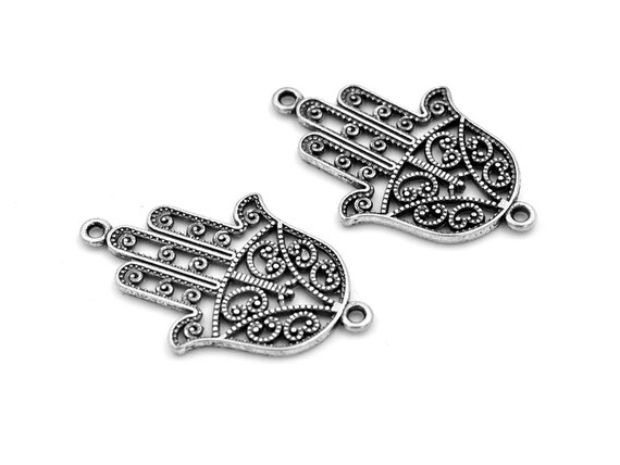 Vintageparts Connettori Hamsa Mano In Argento Anticato - 4 Pezzi Per Gioielli Fai Da Te