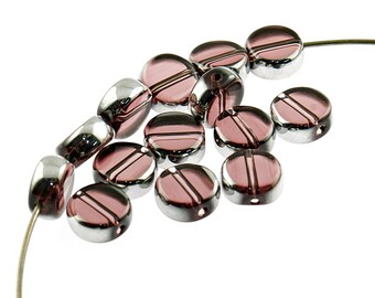 0.19 EUR/pc. 10 flat glass beads in plum with silver-plated edge, 10 mm