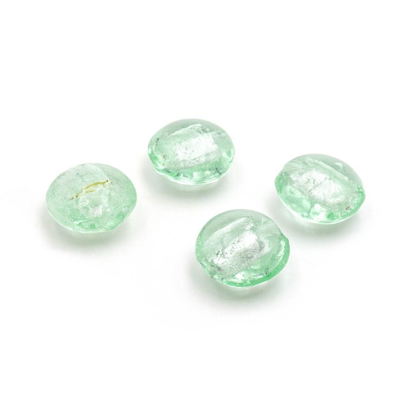 flat Lampwork Beads in light green with silver foil 12mm 4 pcs Vintageparts DIY (0,71 EUR/pc.)