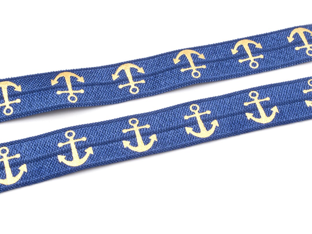 Elastic Folding Ribbon in Blue With Gold-colored Anchors 1 M ...