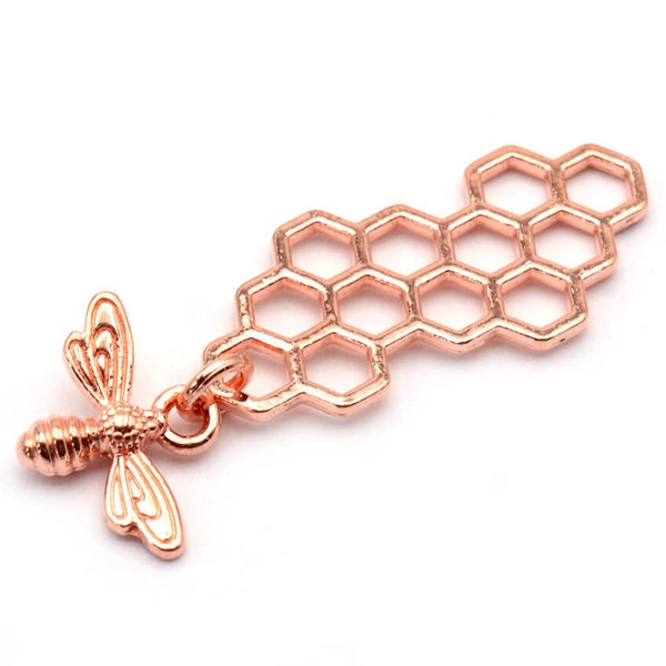 1.24 EUR/pc. Vintageparts DIY pendant as honeycomb with bee in rose gold color 2 pieces