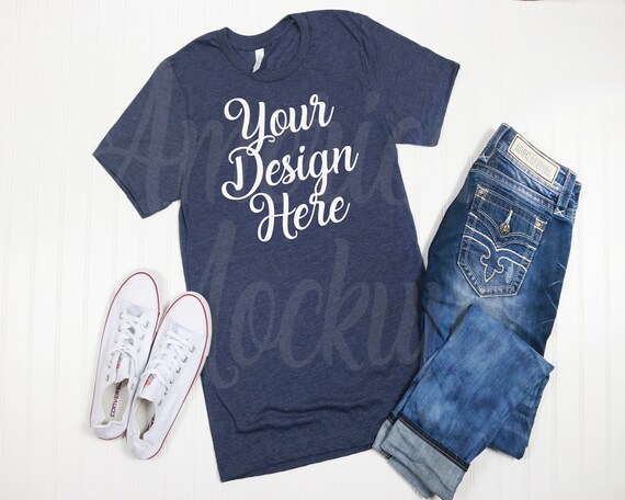 Heather Navy 3001 Short Sleeve Deep Crew Neck T