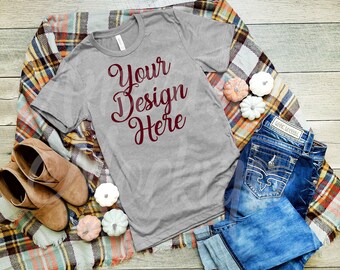 Download Free Athletic Heather Bella 3001 short sleeve deep crew neck t shirt on rustic wood background with fall decor mockup flatlay scene photography. PSD Template