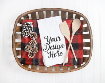 Download Free Christmas Farmhouse Tea Rag Mockup Red And Black Plaid Kitchen PSD Mockup Template