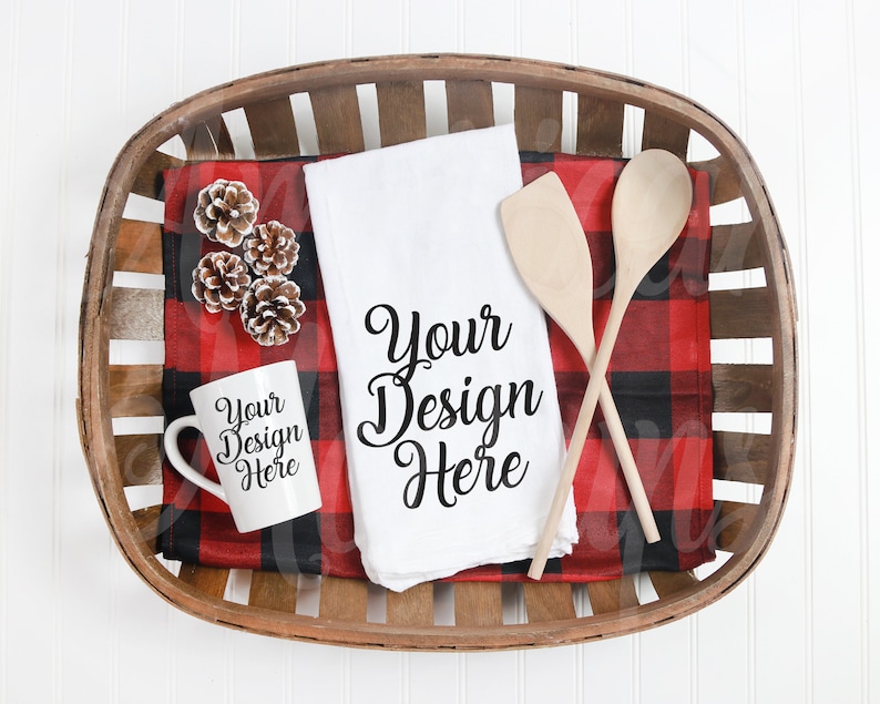 Tea towel flat lay styled mockup Christmas Farmhouse Tea Rag and mug Mockup,red and black plaid Kitchen