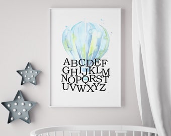 Blue Hot Air Balloon Alphabet Framed Print - Decor, Kids Interior, Wall Art, Nursery, Gift, Bedroom, ABC