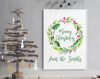 Personalised Watercolour Christmas Wreath Print - Xmas, Crimbo, Decor, Wall Art