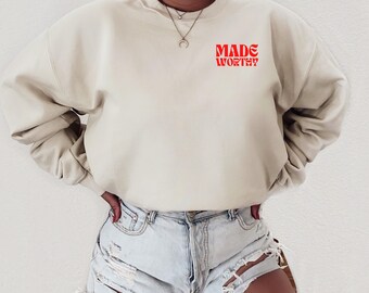 Made Worthy Vintage Crew Sweatshirt, Christian Faith Based Scripture Crewneck Pullover, Biblical Motherhood Affirmations Retro Cozy Sweater