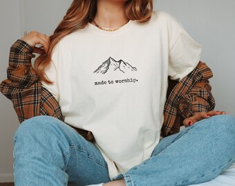 Hecho para adorar camiseta vintage Comfort Colors, camisa de adoración de montaña basada en la fe cristiana, afirmaciones bíblicas Comfort Colors camiseta
