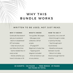 Overview of the 165-page gratitude EFT bundle with 30 full tapping scripts, 128-page script collection and free 37-page beginner guide for an ongoing gratitude practice.