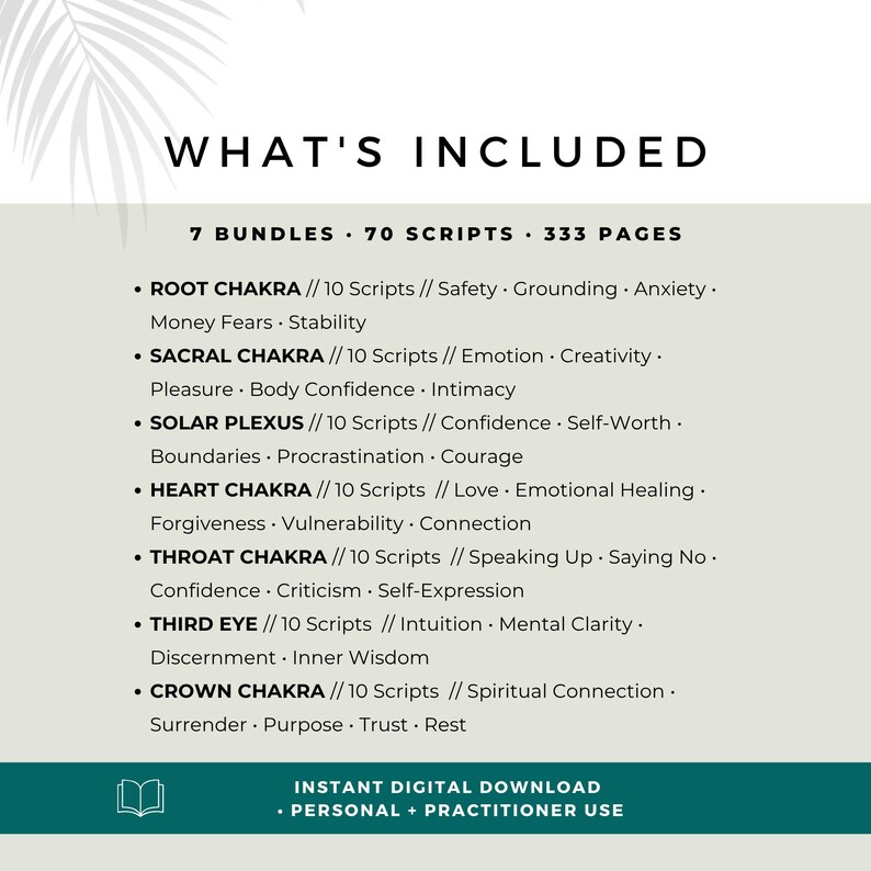 Overview of the complete 7 chakra EFT bundle with 70 tapping scripts. Covers safety, grounding, creativity, confidence, love, self-expression, intuition, spiritual connection and more. Instant digital download for personal and practitioner use.