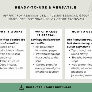 Highlights why the script works and what makes it unique: poetic soul guidance, beautifully formatted pages, and clear structure. Encourages use during emotional lows, with slow tapping and deep breathing between rounds.