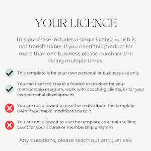 License details for personal or business use. Explains permitted and prohibited uses (e.g., cannot resell or use as main course asset). Visual checkmarks and crosses clarify allowed usage. Encourages buyers to ask questions if unsure.