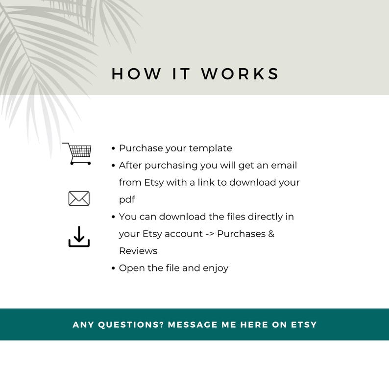 Digital download instructions showing how to purchase the holiday EFT PDF on Etsy, access the download through Purchases and Reviews, and open the files after purchase.