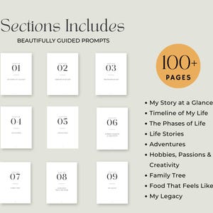 List of guided prompt categories including My Story at a Glance, Phases of Life, Adventures, Creativity, Family Tree, and Legacy.