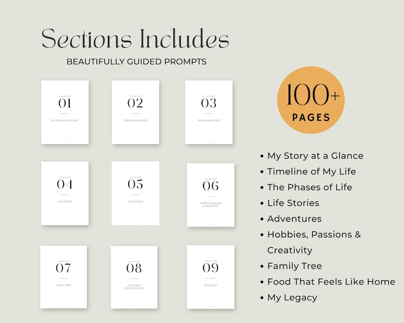 List of guided prompt categories including My Story at a Glance, Phases of Life, Adventures, Creativity, Family Tree, and Legacy.